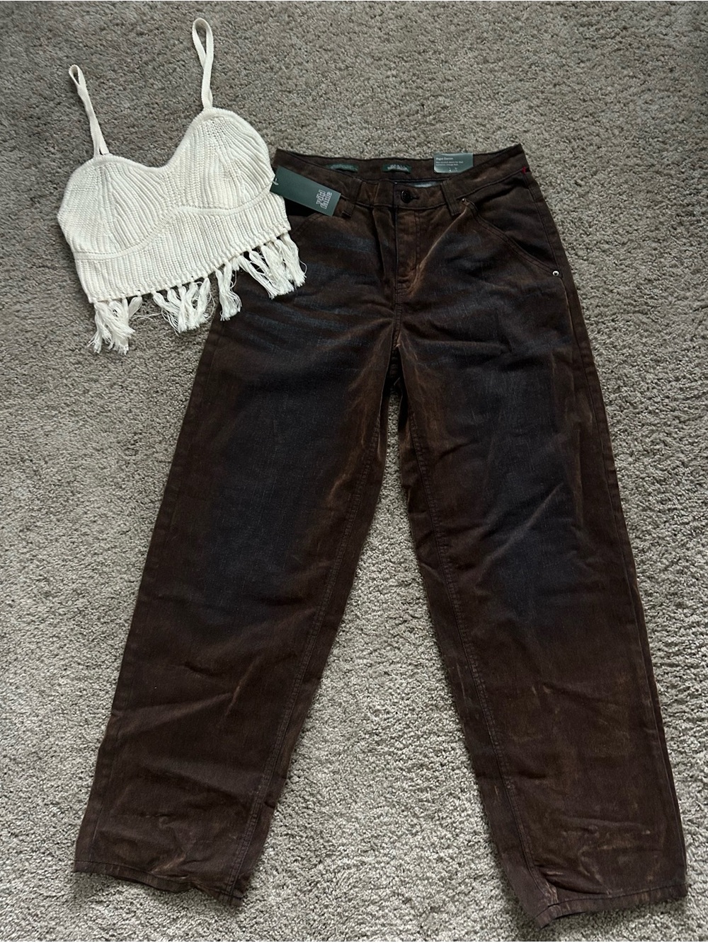 Wild Fable Brown Straight Leg Jeans Size 4 & Cream Boho Knit Top Small Bundle